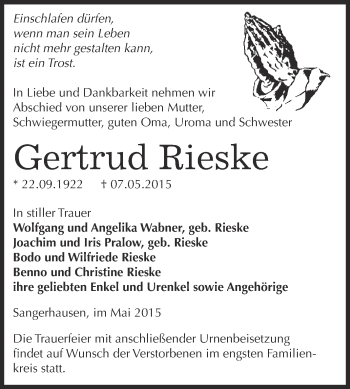 Traueranzeige von Gertrud Rieske von Super Sonntag SGH Mansf. Land