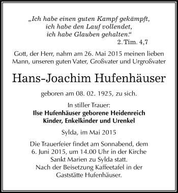 Traueranzeige von Hans-Joachim Hufenhäuser von Mitteldeutsche Zeitung Mansfelder Land