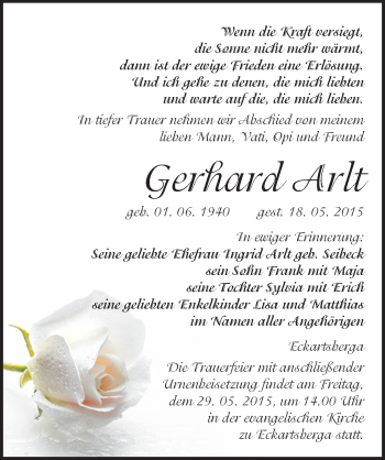 Traueranzeige von Gerhard Arlt von Mitteldeutsche Zeitung Naumburg/Nebra