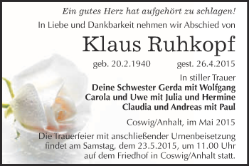 Traueranzeige von Klaus Ruhkopf von Super Sonntag Wittenberg