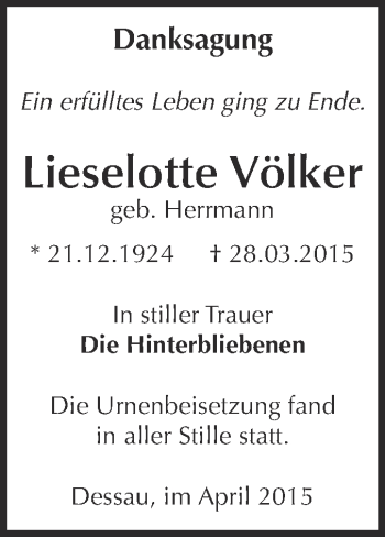 Traueranzeige von Lieselotte Völker von WVG - Wochenspiegel Dessau / Köthen