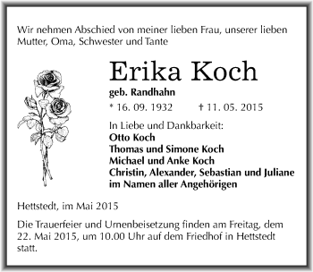 Traueranzeige von Erika Koch von Mitteldeutsche Zeitung Mansfelder Land
