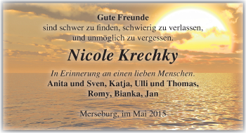 Traueranzeige von Nicole Krechky von Mitteldeutsche Zeitung Merseburg/Querfurt