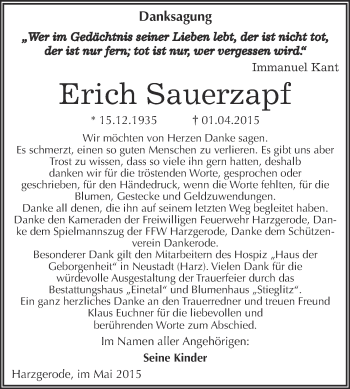 Traueranzeige von Erich Sauerzapf von Super Sonntag Quedlinburg