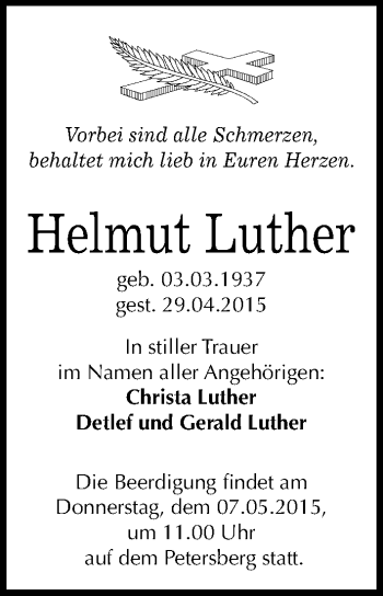 Traueranzeige von Helmut Luther von Mitteldeutsche Zeitung Halle/Saalkreis