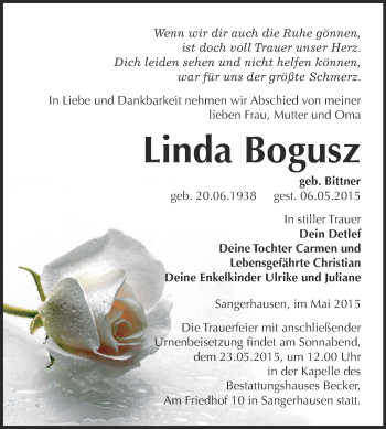 Traueranzeige von Linda Bogusz von Super Sonntag SGH Mansf. Land