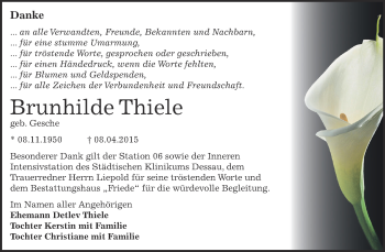Traueranzeige von Brunhilde Thiele von WVG - Wochenspiegel Dessau / Köthen