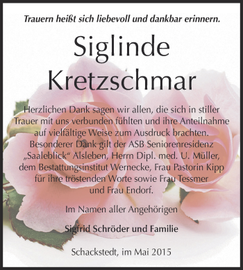 Traueranzeige von Siglinde Kretzschmar von Wochenspiegel Mansfelder Land