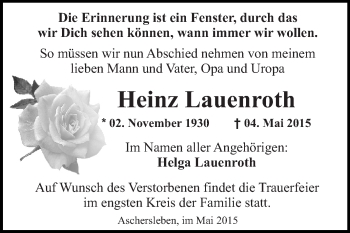Traueranzeige von Heinz Lauenroth von WVG - Wochenspiegel Quedlinburg