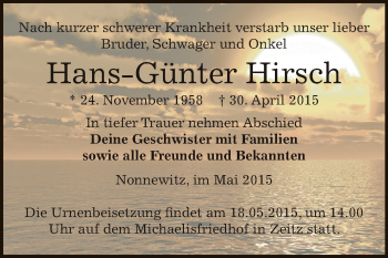 Traueranzeige von Hans-Günter Hirsch von Super Sonntag Zeitz
