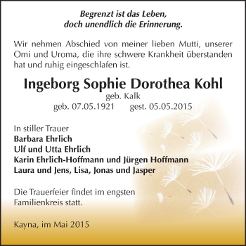 Traueranzeige von Ingeborg Sophie Dorothea Kohl von Super Sonntag Zeitz