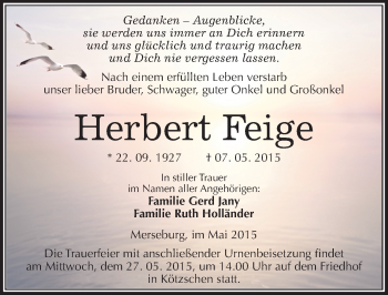 Traueranzeige von Herbert Feige von Mitteldeutsche Zeitung Merseburg/Querfurt