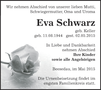 Traueranzeige von Eva Schwarz von Super Sonntag Bernburg