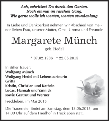 Traueranzeige von Margarete Münch von Super Sonntag Aschersleben