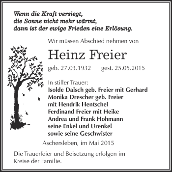 Traueranzeige von Heinz Freier von Super Sonntag Aschersleben