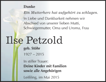 Traueranzeige von Ilse Petzold von WVG - Wochenspiegel NMB / WSF / ZTZ