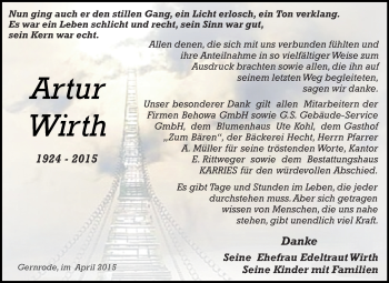 Traueranzeige von Artur Wirth von Super Sonntag Quedlinburg