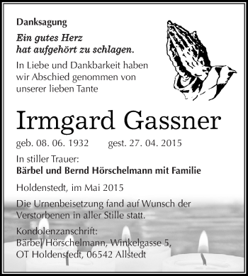 Traueranzeige von Irmgard Gassner von Super Sonntag SGH Mansf. Land