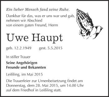 Traueranzeige von Uwe Haupt von Super Sonntag Merseburg