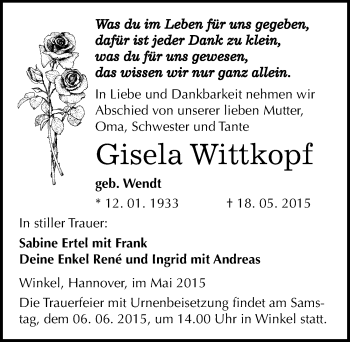 Traueranzeige von Gisela Wittkopf von Mitteldeutsche Zeitung Sangerhausen