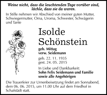 Traueranzeige von Isolde Schönstein von WVG - Wochenspiegel Merseburg