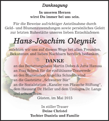 Traueranzeige von Hans-Joachim Oleynik von Super Sonntag Bernburg