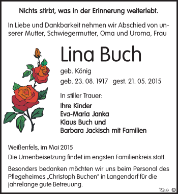 Traueranzeige von Lina Buch von Mitteldeutsche Zeitung Weißenfels