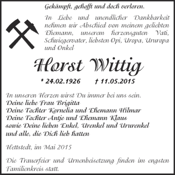 Traueranzeige von Horst Wittig von Wochenspiegel Mansfelder Land