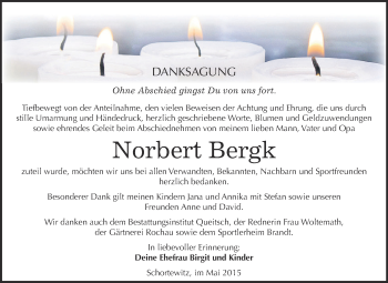 Traueranzeige von Norbert Bergk von WVG - Wochenspiegel Dessau / Köthen