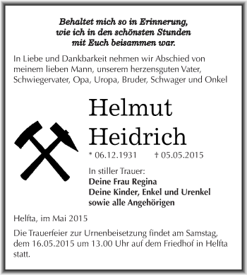 Traueranzeige von Helmut Heidrich von Wochenspiegel Mansfelder Land