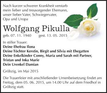 Traueranzeige von Wolfgang Pikulla von Mitteldeutsche Zeitung Köthen