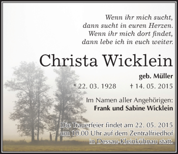 Traueranzeige von Christa Wicklein von Mitteldeutsche Zeitung Dessau-Roßlau