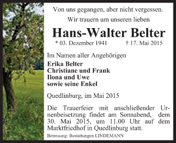 Traueranzeige von Hans-Walter Belter von Mitteldeutsche Zeitung Quedlinburg