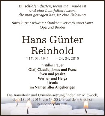 Traueranzeige von Hans Günter Reinhold von Super Sonntag Bernburg
