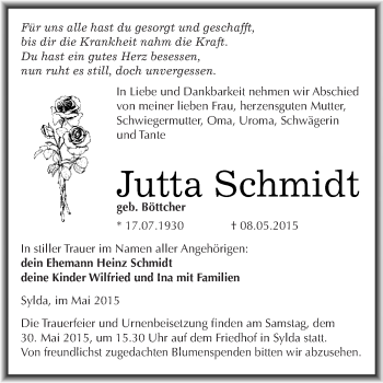 Traueranzeige von Jutta Schmidt von Super Sonntag SGH Mansf. Land