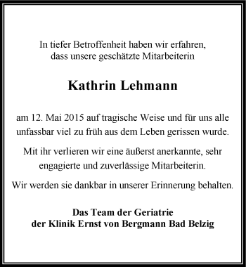 Traueranzeige von Kathrin Lehmann von Mitteldeutsche Zeitung Dessau-Roßlau
