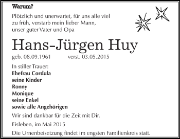 Traueranzeige von Hans-Jürgen Huy von Wochenspiegel Mansfelder Land