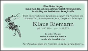 Traueranzeige von Klaus Riemann von Super Sonntag Zeitz