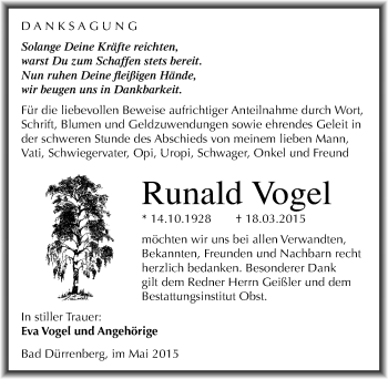 Traueranzeige von Runald Vogel von Mitteldeutsche Zeitung Merseburg/Querfurt