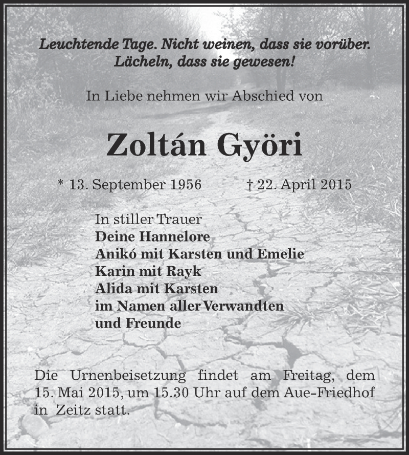  Traueranzeige für Zoltán Györi vom 03.05.2015 aus Super Sonntag Zeitz