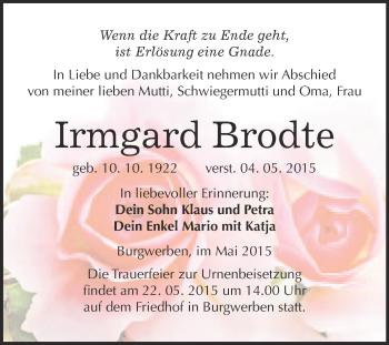 Traueranzeige von Irmgard Brodte von WVG - Wochenspiegel NMB / WSF / ZTZ