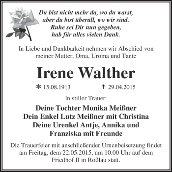 Traueranzeige von Irene Walther von WVG - Wochenspiegel Dessau / Köthen