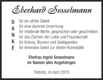 Traueranzeige von Eberhard Sesselmann von Super Sonntag Bernburg
