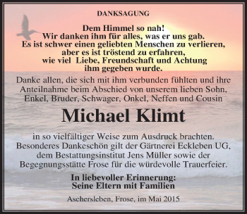 Traueranzeige von Michael Klimt von Mitteldeutsche Zeitung Aschersleben