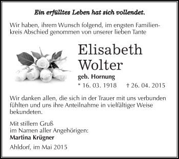 Traueranzeige von Elisabeth Wolter von Wochenspiegel Mansfelder Land