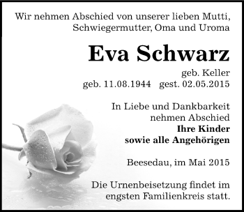 Traueranzeige von Eva Schwarz von Mitteldeutsche Zeitung Bernburg
