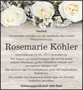 Traueranzeige von Rosemarie Köhler von Mitteldeutsche Zeitung Quedlinburg
