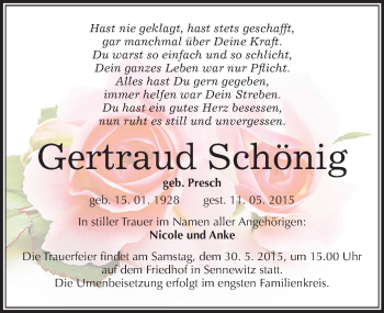 Traueranzeige von Gertraud Schönig von Mitteldeutsche Zeitung Halle/Saalkreis