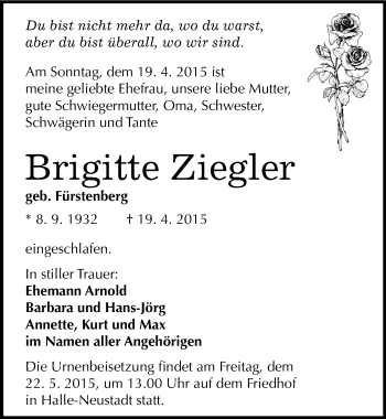 Traueranzeige von Brigitte Ziegler von Mitteldeutsche Zeitung Halle/Saalkreis