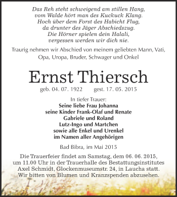 Traueranzeige von Ernst Thiersch von WVG - Wochenspiegel NMB / WSF / ZTZ